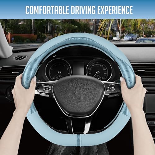 PIC AUTO Steering Wheel Cover, Light Blue Patterned Leather Patchwork Design - Image 5