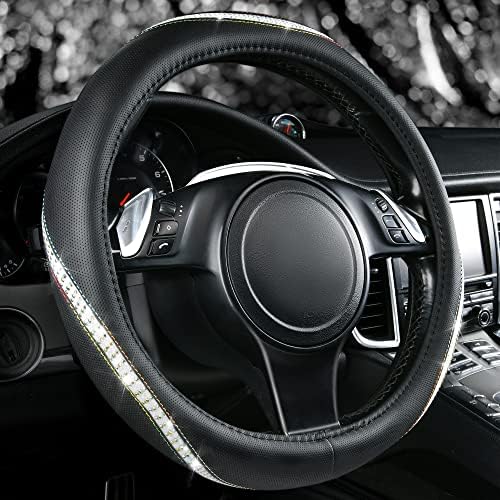 CAR PASS Bling Diamond Black Leather Steering Wheel Cover, Studded Crystal by CARPASS