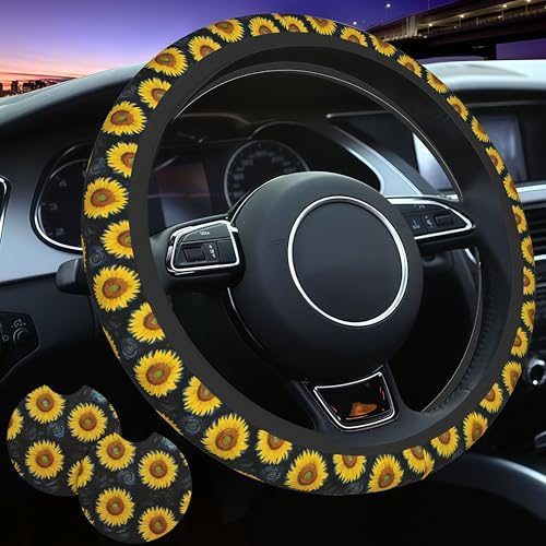 Sunflower Steering Wheel Cover Floral Car Accessories+ 2 Car Coasters - Image 2