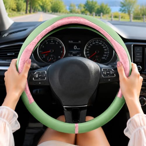 Pink & Green Patterned Leather Patchwork Steering Wheel Cover, 14.5-15 Inch - Image 6