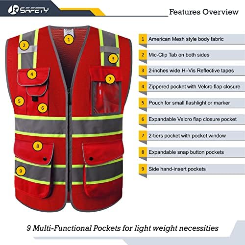 JKSafety Safety Vest for Men Women Reflective Hi Vis JK100 Red XL - Image 3