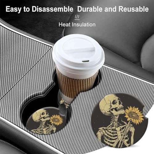 Cup Holder for Car, Skull Embracing A Sunflower Design Ceramic Coasters - Image 7