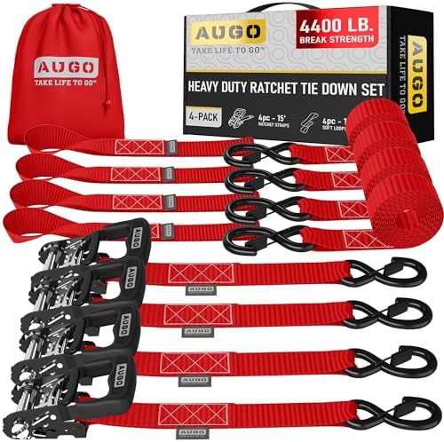 AUGO Heavy Duty Ratchet Straps & Soft Loops – Pack of 4 Extra Strong 1.5” by by AUGO