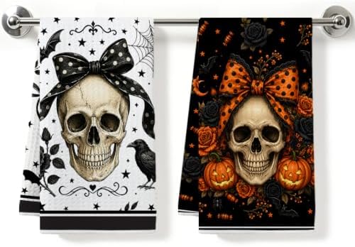 ZHAMEN 2 Pcs Halloween Kitchen Towels, Skull Soft Absorbent Hand Tea Towels by ZHAMEN