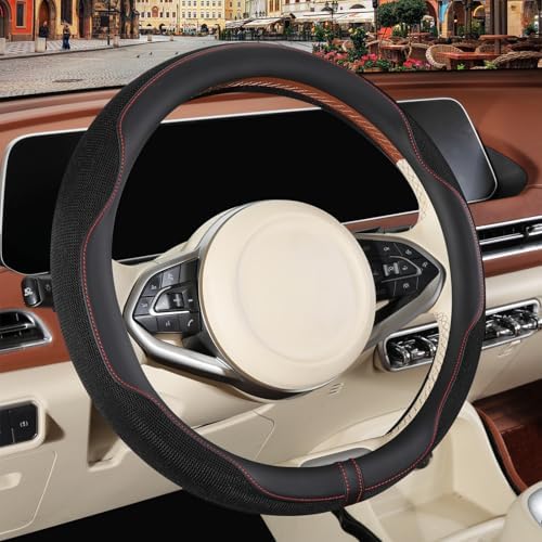 Nappa Leather Ice Silk Fabric Black Steering Wheel Cover by Binsheo
