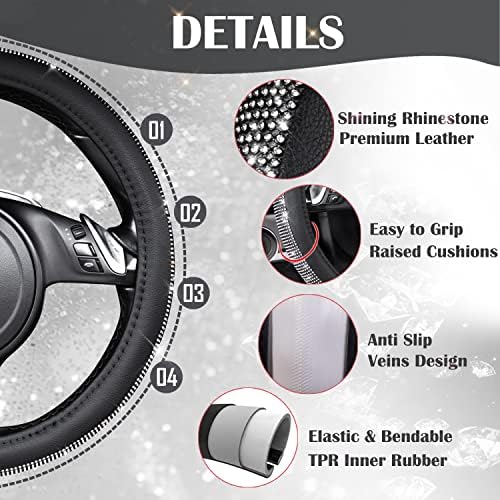 CAR PASS Diamond Black Leather Steering Wheel Cover, - Image 5