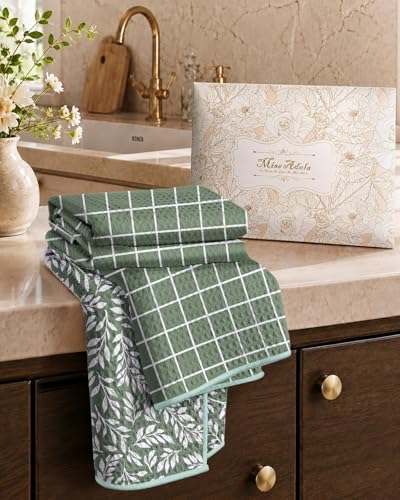 Miss Adola 2pcs Double-Sided Microfiber Kitchen Towels, Grid & Greenery - Image 6