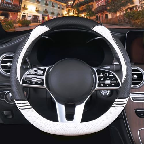 14 inch Cute Leather D Shape Steering Wheel Cover Black White by Binsheo
