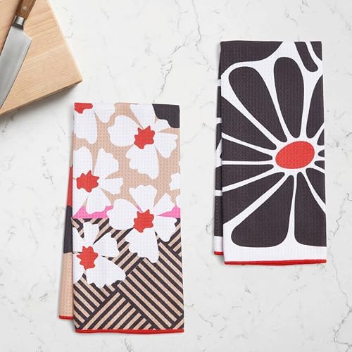 Ritz Waffle Microfiber Kitchen Towel 2pc Set – White Black Flowers and Moons – - Image 3