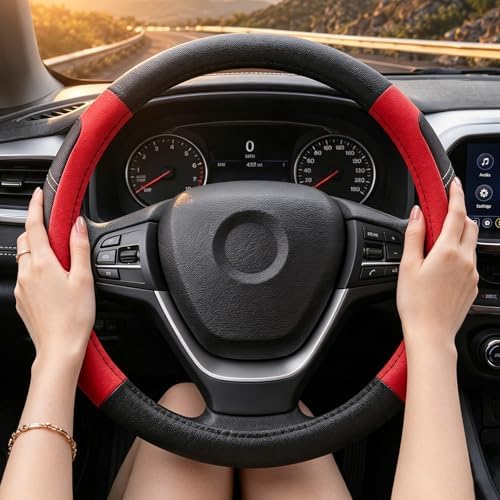 Black and Red Line Punching Car Steering Wheel Cover, Microfiber Leather Sports - Image 4