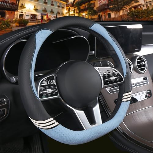 14 inch Cute Leather D Shape Steering Wheel Cover Black Blue - Image 2