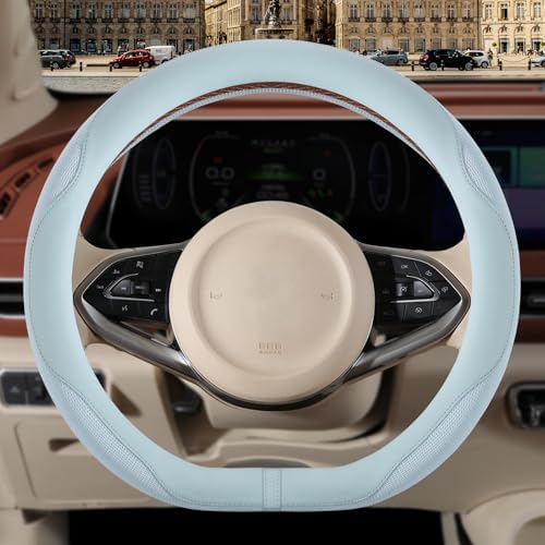 Nappa Leather Blue D Shaped Steering Wheel Cover 15 inch by Binsheo