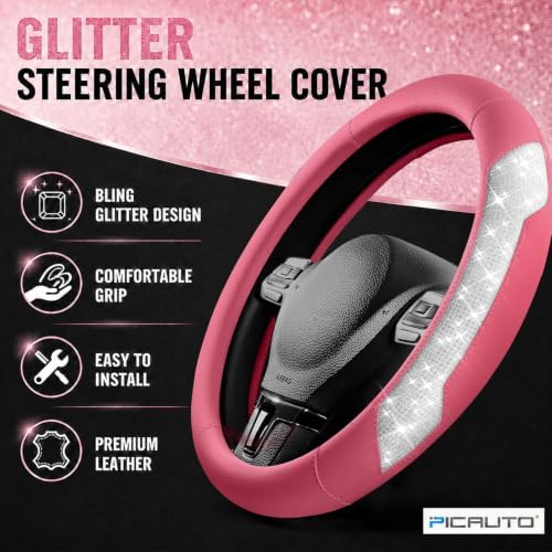 PIC AUTO Steering Wheel Cover, Sparkly Crystal Bling Glitter - Image 2