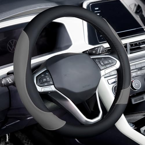 Coverado Car Steering Wheel Cover, Nappa Leather Black & Gray Steering Wheel by COVERADOAUTO