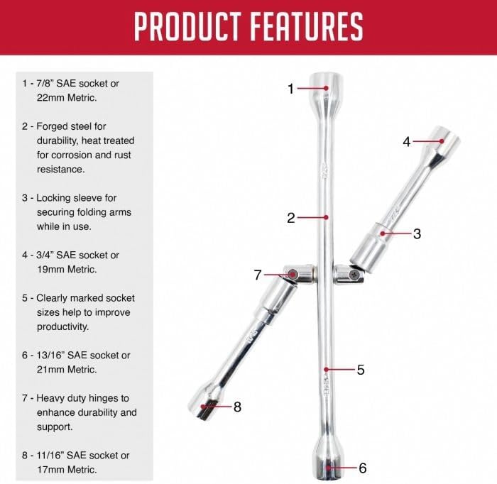 Wheel Accessories Parts 4 Way Folding Lug Wrench Universal 14 Inch Tire Cross - Image 3
