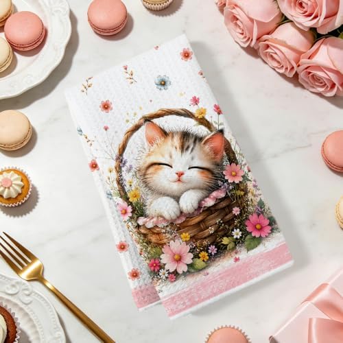 2 Pcs Cute Cat Kitchen Towels, Cat Theme Soft Absorbent Hand Tea Towels 03 - Image 2