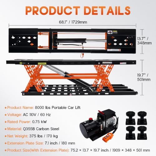 SPECRAFT 8000LBS Orange Portable Hydraulic Car Lift, Home Garage - Image 2