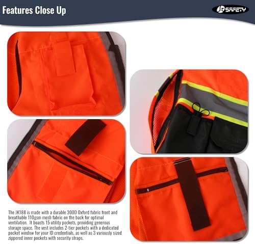 JKSafety Hi-Vis Unisex Surveyor Safety Vest Heavy Duty PPE Inner Pockets - Image 3