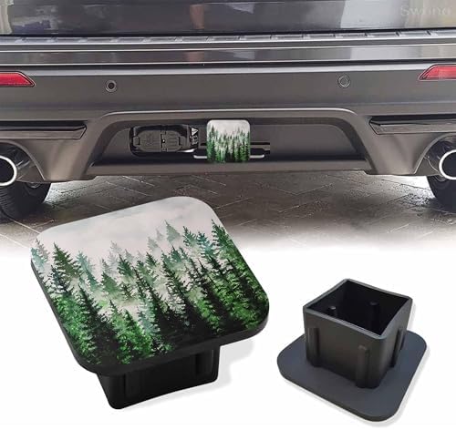 Trailer Hitch Cover, Watercolor Foggy Fir Trees Forest Hitch Cover Rubber by Unknown