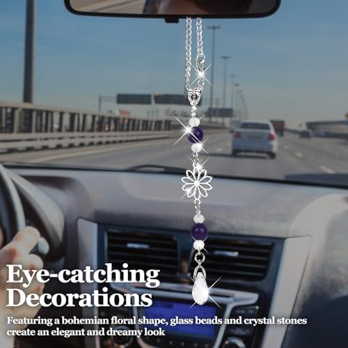 Hovom Flower Car Charm for Rear View Mirror, Cute Crystal Rearview Mirror - Image 3