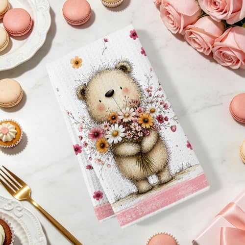 2 Pcs Cute Beer Kitchen Towels, Floral Soft Absorbent Hand Tea Towels - Image 2