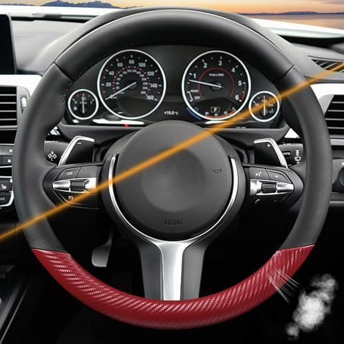 Black & Red Carbon Fiber Leather Steering Wheel Cover, 14.5-15 Inch Non-Slip - Image 4