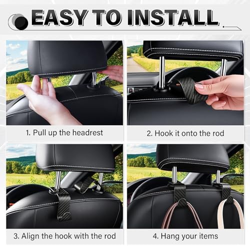 SINGARO Universal 4 Pack Car Seat Headrest Purse Hook, Carbon Fiber Back Seat - Image 5