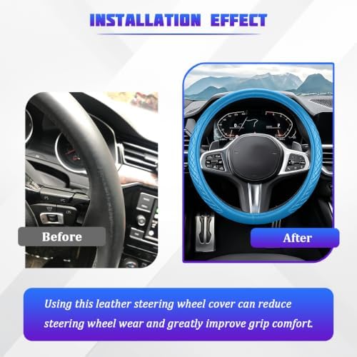 AUCELI 14.5-15 Inch Steering Wheel Cover Non-Slip Leather, Light Blue - Image 4