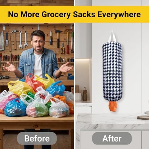 Plastic Bag Holder, Wall Mount Grocery Bag Dispenser, Yarn-dyed Houndstooth - Image 7