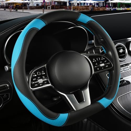 Black Blue Microfiber Leather D Shaped Steering Wheel Cover - Image 2