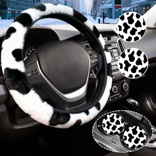Cow Print Fuzzy Steering Wheel Cover Universal-2PCS Car Coasters by Unknown