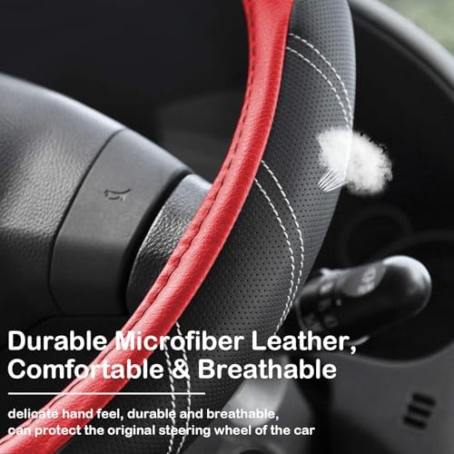 Black and Red Line Punching Car Steering Wheel Cover, Microfiber Leather Sports - Image 5