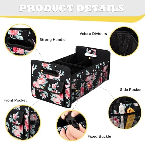 Car Trunk Organizer, Collapsible Car Organizers and Storage Black Floral - Image 3