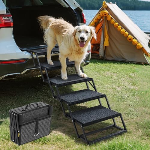 Veehoo Foldable Dog Steps for Car Truck SUV, Collapsible Large Dogs Stairs by Veehoo