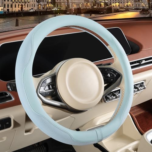 Nappa Leather Ice Silk Fabric Blue Steering Wheel Cover by Binsheo