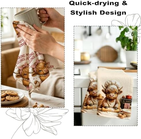 2 Pcs Baking My Feelings Again Kitchen Towels, Cows Soft Waffle Hand Towels - Image 6