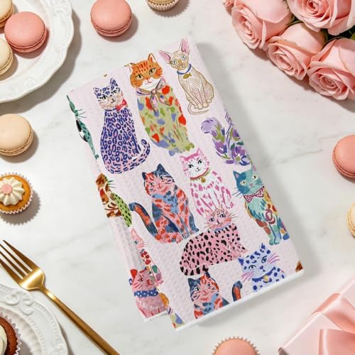 2 Pcs Colorful Cat Kitchen Towels, Cats Soft Absorbent Hand Tea Towel - Image 2