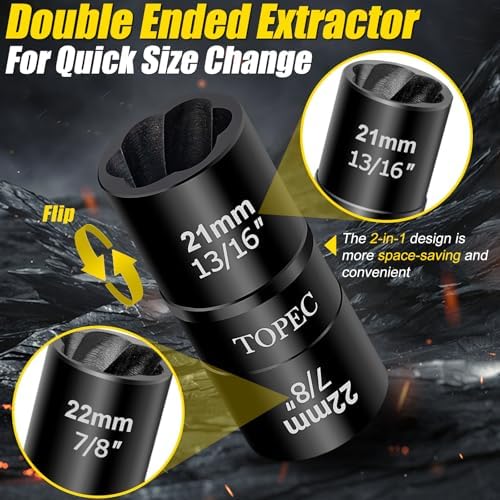 Topec 17mm x 19mm Flip Lug Nut Extractor, 1/2" Drive Lug Nut Removal Tool - Image 3