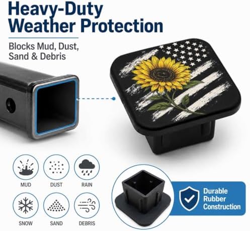 Sunflower American Flag Black 2" Hitch Cover, Rubber Towing Hitch Covers Hitch - Image 6