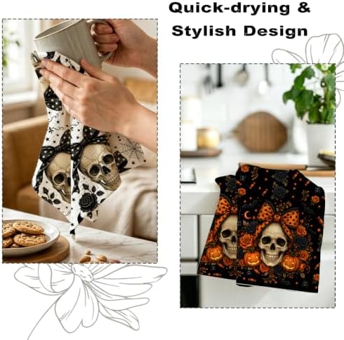ZHAMEN 2 Pcs Halloween Kitchen Towels, Skull Soft Absorbent Hand Tea Towels - Image 6