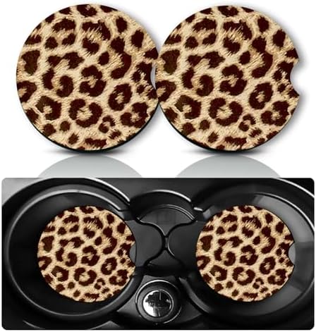 2Pcs Brown Leopard Print Car Coasters, 2.75" Neoprene Cup Holder Coasters by Databa
