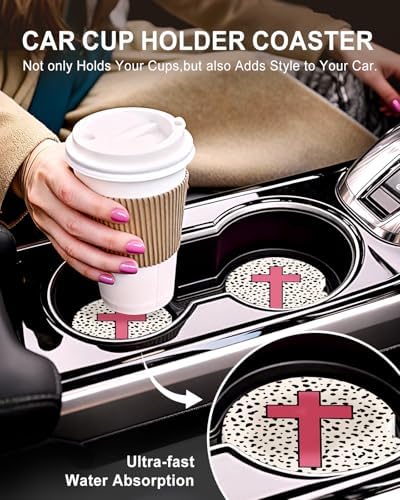 Swooflia Elegant Ceramic Car Coasters Pink Polka Dot Cross Car Decor - Image 5