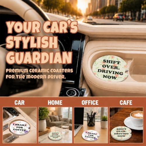 Funny Coffee Lover Car Coasters, Colorful Girly Floral Cup Holders - Image 4