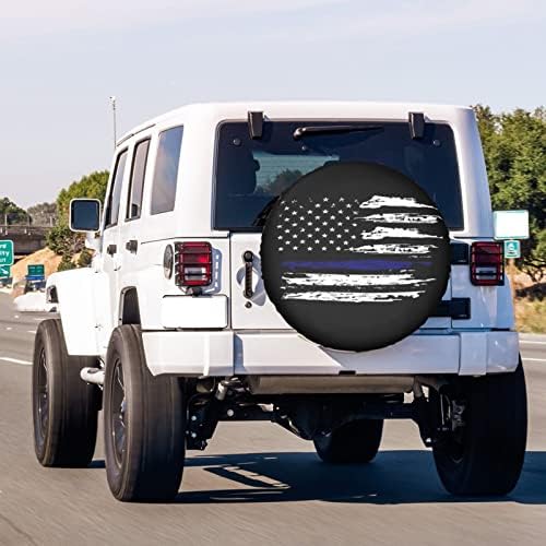 American Flag Thin Blue Line Spare Tire Cover Dust-Proof Wheel Tire Cover Fit - Image 3