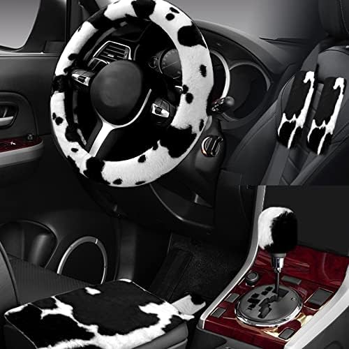 6PCS Set car Interior Aesthetic Accessories, Fluffy Cute Cows Steering Wheel by Wazzh