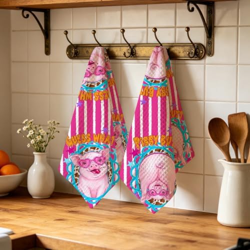 2 Pcs Funny Piggy Kitchen Towels, Soft Absorbent Waffle Hand Tea Towel - Image 4