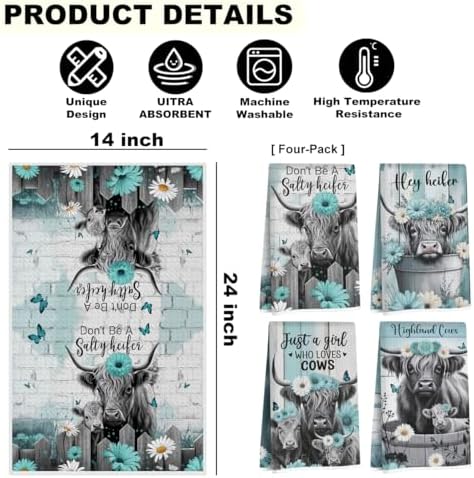 4 Pcs Highland Cattle Kitchen Towels, Highland Cow Gifts - Image 2