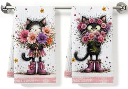 2 Pcs Funny Cat Kitchen Towels, Cat Theme Soft Absorbent Hand Tea Towels 04 by ZHAMEN