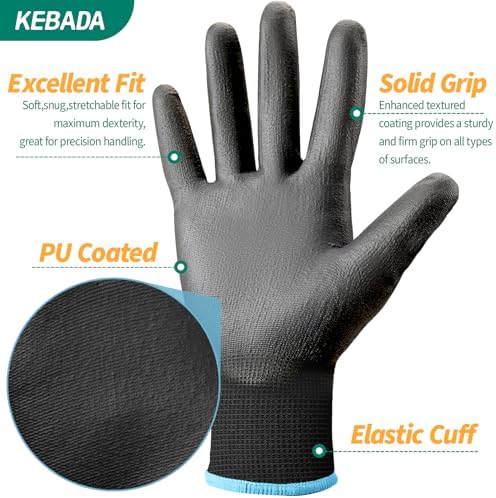 Kebada Safety Work Gloves for Men & Women, PU Coated, 12 Pairs - Image 2