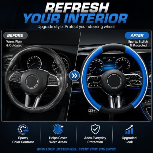 Car Steering Wheel Cover PU Leather Anti-Slip Protector Blue - Image 6